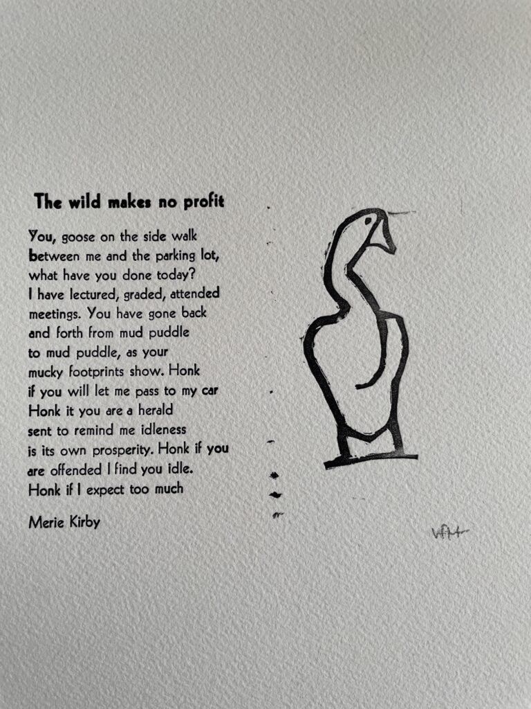 Goose alt text: linocut of a goose standing up in front view. Illustration via Briar Press free ornaments, carved by Vitoria Faccin-Herman.