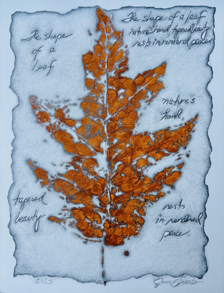 An oak leaf painting with haiku:
The shape of a leaf
nature's hand, tapered beauty
rests in rendered peace.