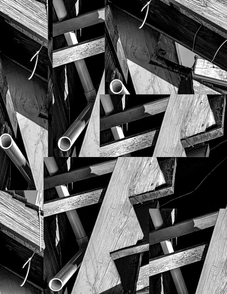 Paola J. Corso's Bolt of Enlightenment is a black and white photograph of city steps collaged into symmetric designs.