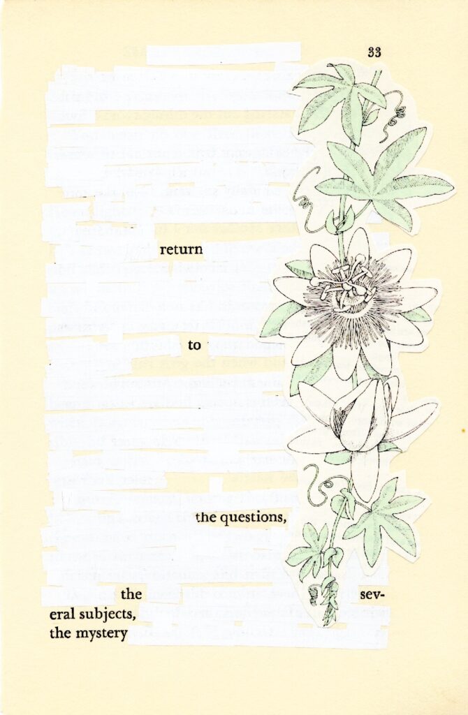 All but the page number, 33, and nine of the words on an old cream-colored book page have been obscured by white liquid paper correction tape. Affixed along the right side of the page, straddling the edge of the whited out text and the cream-colored margin, is an illustration of a passion flower vine in black, white, and moss green.
The words that remain unobscured read:
return
to
the questions,
the sev-
eral subjects,
the mystery