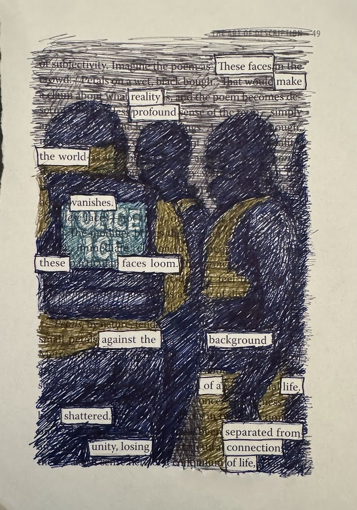 illustration of ICE police covers the existing text of a page; except for the words "These faces make reality profound the world vanishes. These faces loom against the background of a life. shattered. separated from unity, losing connection of life.”
